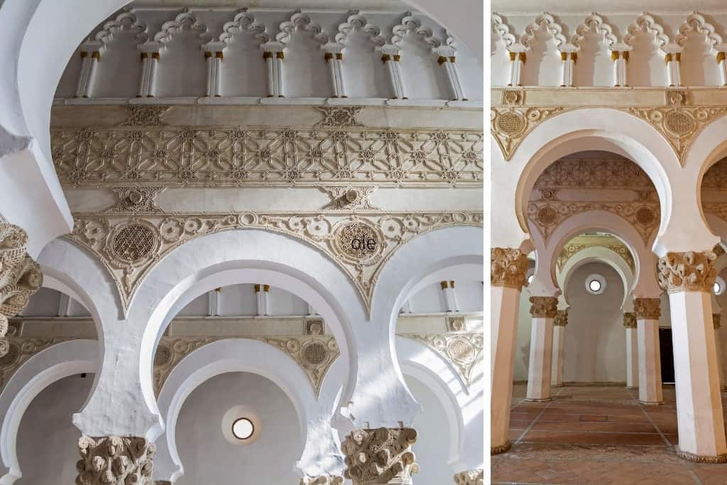 La Sinogoga de Santa María la Blanca in Toledo, Spain features white plaster horseshoe-shaped arches.
